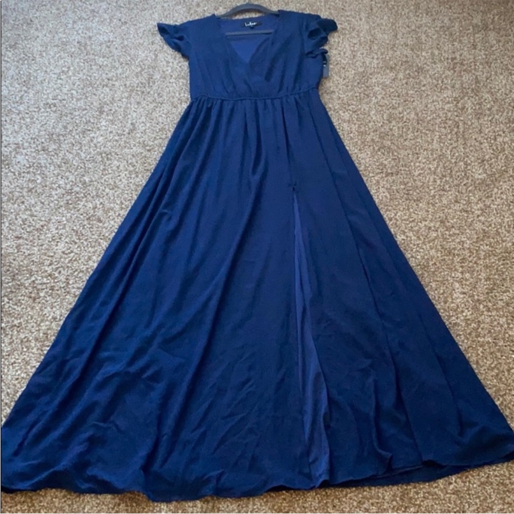 Lulu's Deep Blue V-Neck Maxi Dress with Cap Sleeves